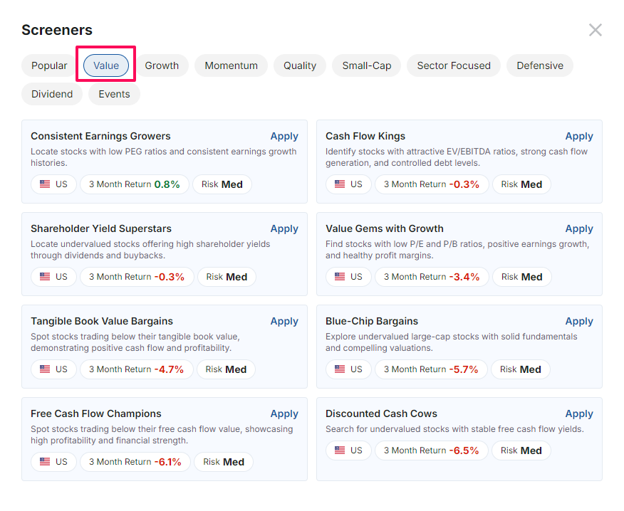 Screener préconfigurés - Catégorie Value
