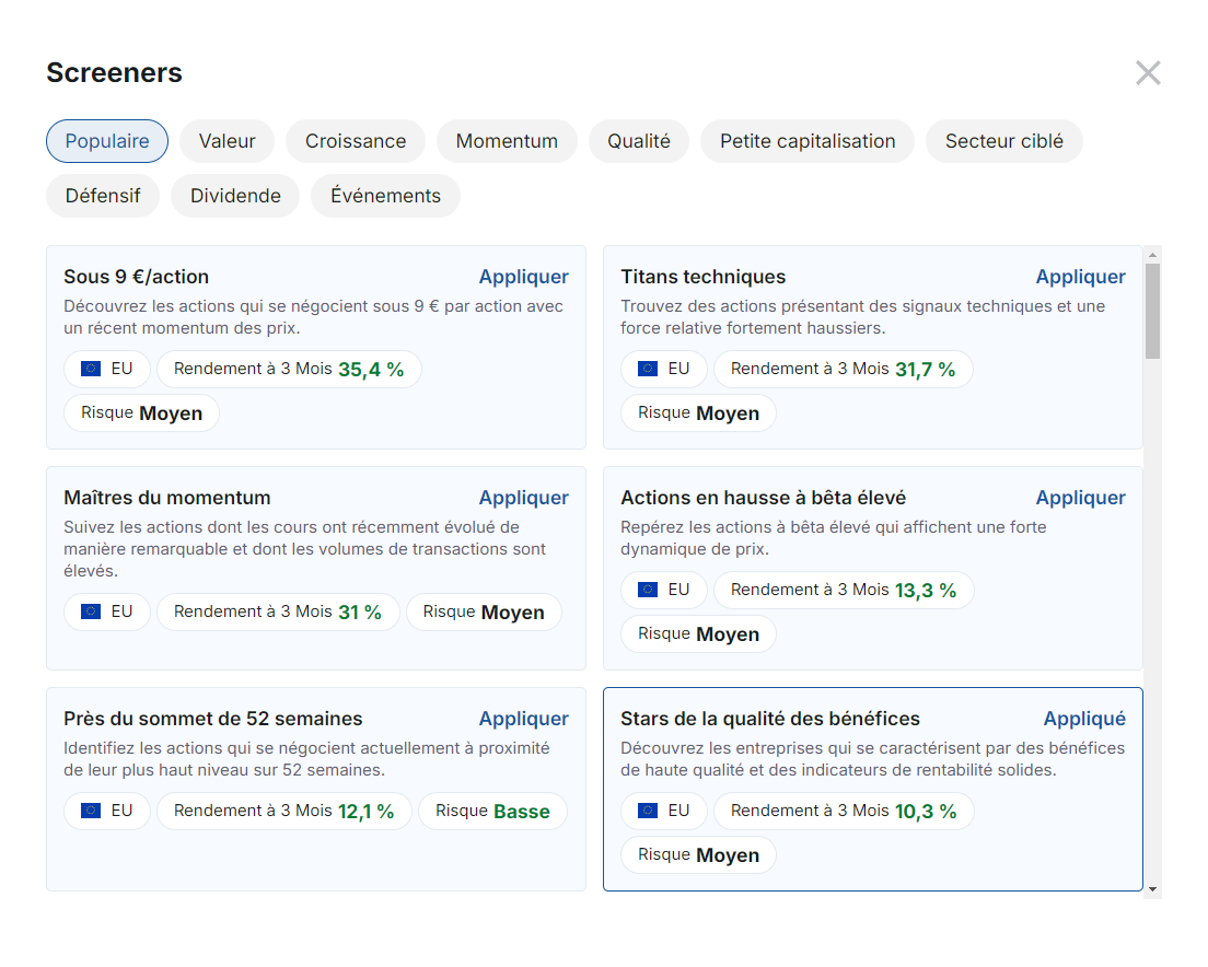 Liste des screeners prédéfinis